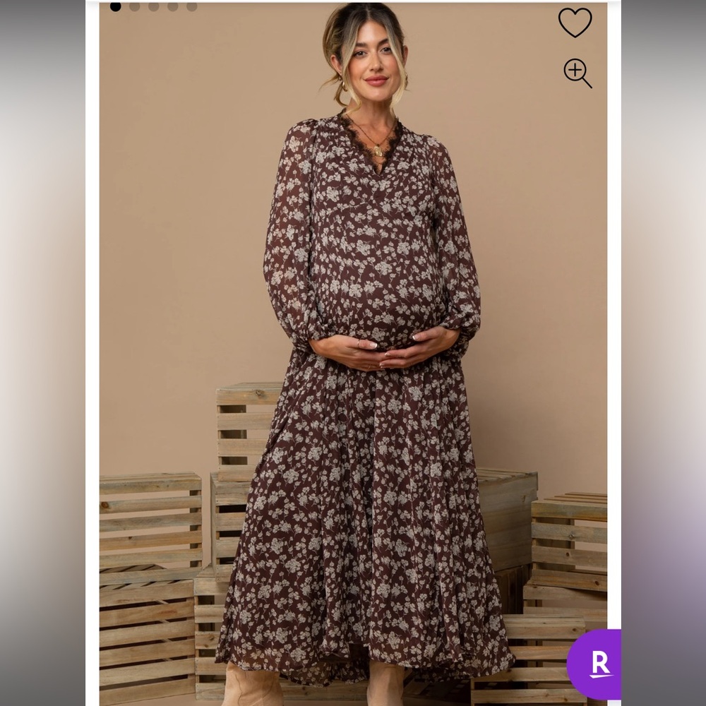 Brown Floral Chiffon Lace Trim Back Tie Maternity Maxi Dress